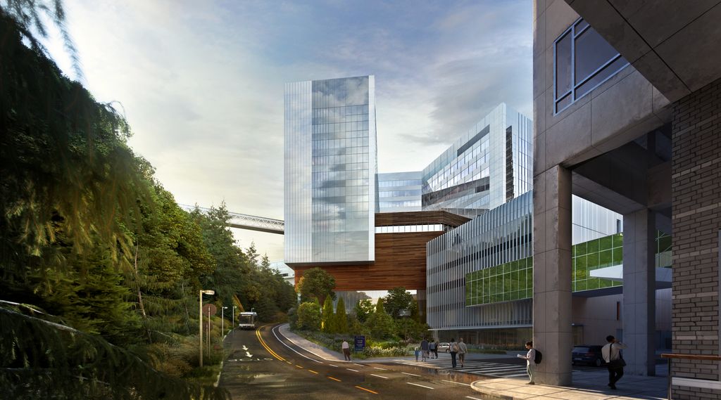 A design rendering of the OHSU hospital expansion project looking west from Campus Drive on Marquam Hill. (Motiv Studio and NBBJ)