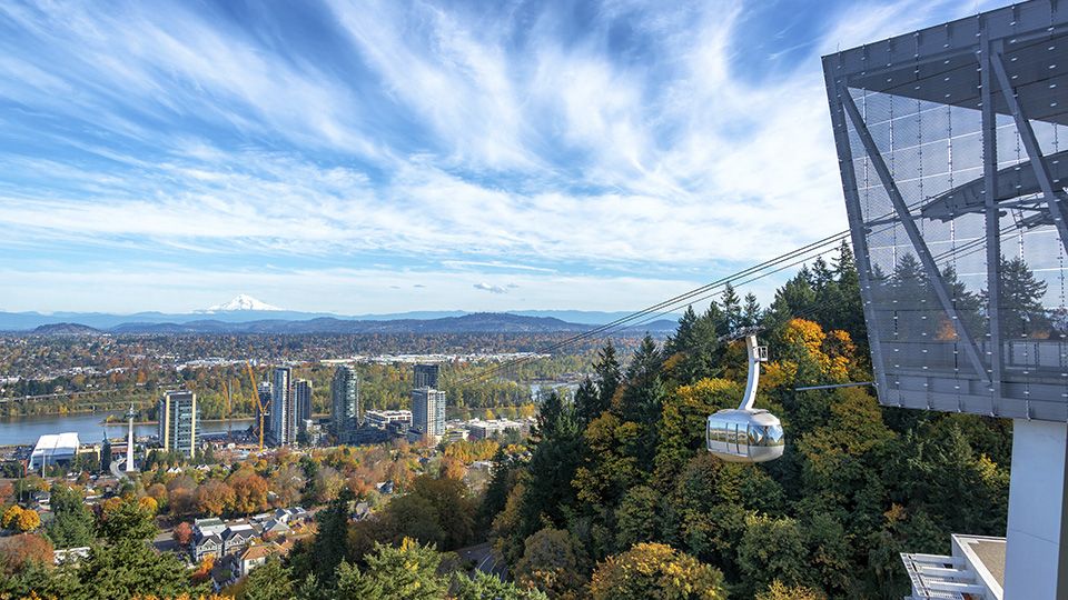 Portland Aerial Tram at OHSU on a fall day