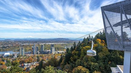 Portland Aerial Tram at OHSU on a fall day