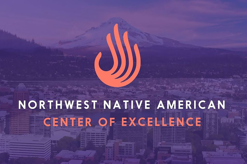 OHSU Northwest Native American Center of Excellence project logo is a pink hand-like image with the title of the project in white and in front of a purple mountain background.