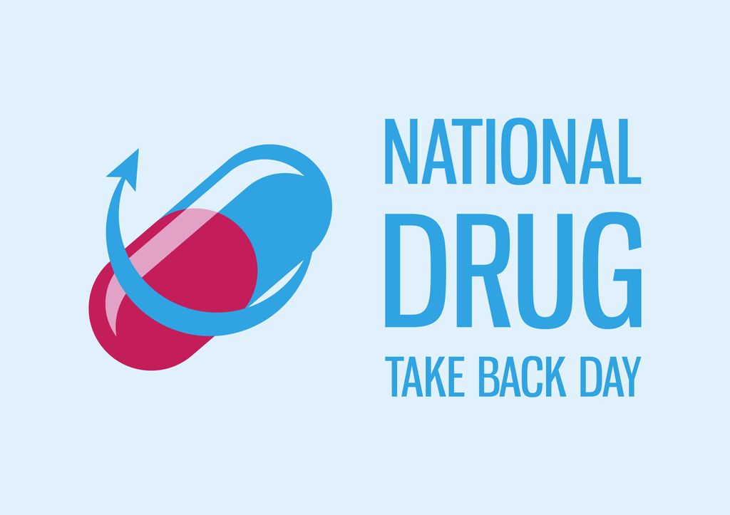 National Drug Take Back Day logo is a red/blue pill drawing next to the words National Drug Take Back Day.