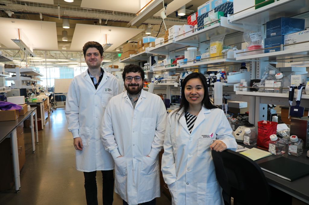 Rowan Callahan, Elias Spiliotopoulos,&nbsp;and Thuy Ngo, Ph.D, inside their lab at OHSU Knight Cancer Research Building on Friday, April 22, 2022. 