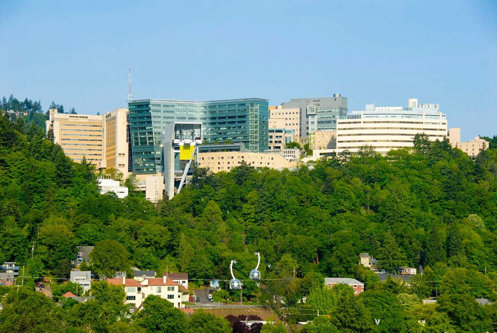 A grand view of OHSU campus buildings on top of Marquam Hill as seen looking up from the Portland waterfront.