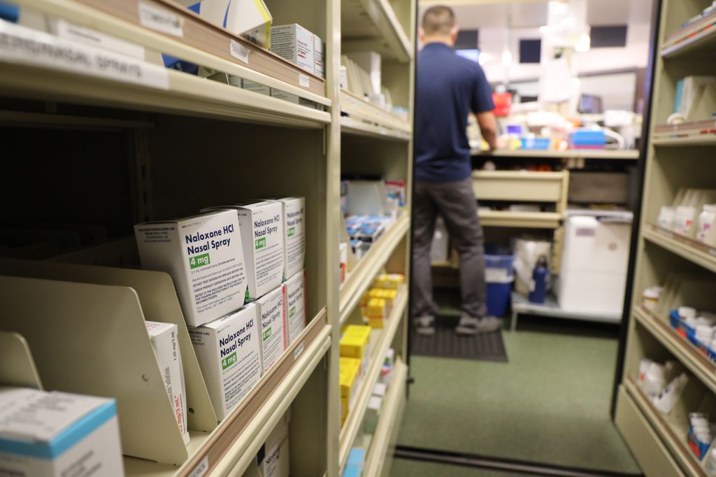 Boxes of Naloxone sit on a shelf inside the OHSU pharmacy in Portland on Thursday, August 18, 2022. 