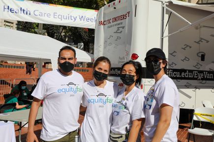 From left to right are the four student organizers for the 2022 Health Care Equity Fair: M.D./M.P.H. student Ali Lokhandwala, M.D. student Sydney Lashley, M.D./M.C.R. student Lisa Kumasaka, and M.D./M.P.H. student Tamana Ebrat. (OHSU/Christine Torres Hicks)