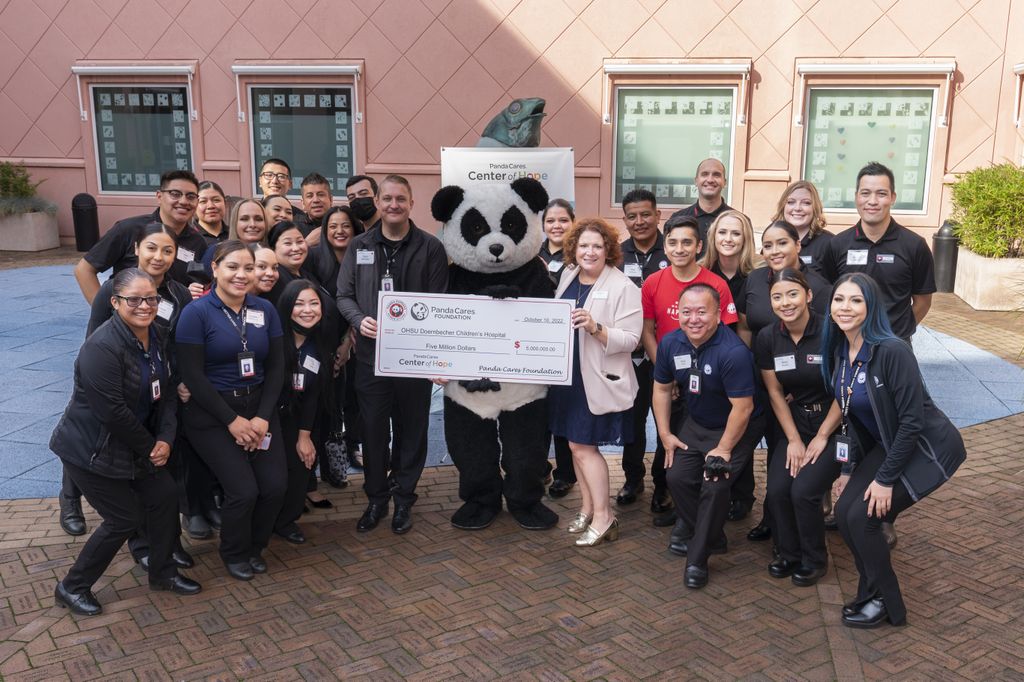 Restaurant chain Panda Express' Panda Cares Foundation team members met with OHSU Foundation team members to present a donation check&nbsp;for $5 million to create the “Panda Cares Center of Hope” within OHSU Doernbecher Children’s Hospital. (OHSU)