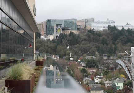 Waterfront view of OHSU and tram