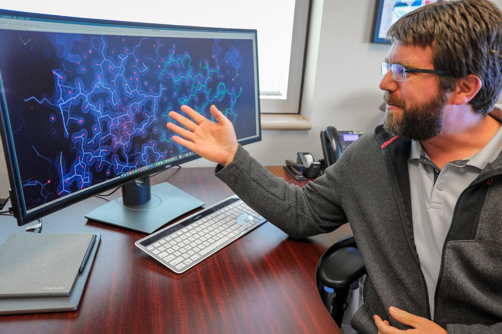 Jonathan Pruneda, Ph.D., shows a screen with the protein in which led a study to explore how a form of the common protein ubiquitin is modified during an infection with illness-causing bacteria. With further research, his study's findings could lead to improved care for Parkinson's disease and breast cancer.&nbsp;(OHSU/Christine Torres Hicks)