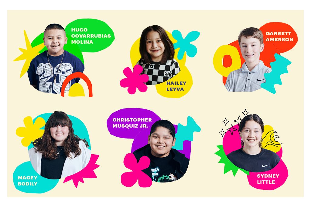 This year’s patient-designers are pictured from left to right: Hugo Covarrubias Molina, a young boy with short dark hair; Hailey Leyva, a young girl with shoulder-length brown hair; Garrett Amerson, a young boy with short, sandy blonde hair; Macey Bodily, a young girl with long brown hair; Christopher Musquiz Jr., a young boy with short brown hair; Sydney Little, a young girl with long brown hair pulled back in a ponytail.