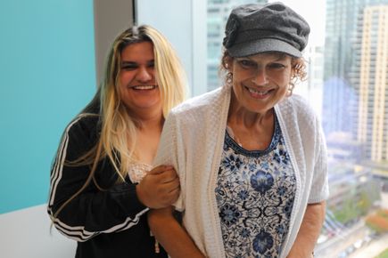 Rhonda Stranz and her daughter, Danlin Ortho, at the OHSU Center for Health & Healing Building 2 on Oct. 9. Stranz says: “I have faith that I’m going to see my daughter graduate high school in 2026,” she says. “She’s been my rock, and she has taken care of me through thick and thin. When they said I had less than year to live, I was feeling pretty sick. I have hope again.” (OHSU/Christine Torres Hicks)