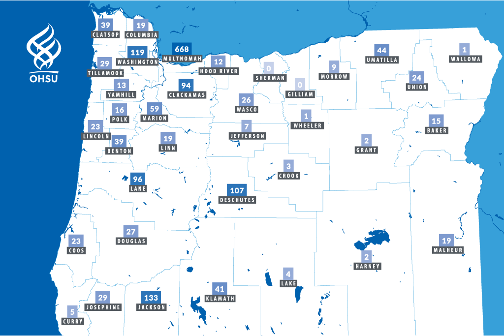Un mapa del estado de Oregon y números de asistencia adicional. Mapa: OHSU amplía el alcance de la capacitación sobre adicciones en casi un 65 por ciento