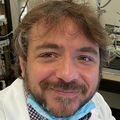Domenico Tupone, Ph.D., tiene cabello gris y castaño, despeinado, bigote y barba, y sonríe con su bata blanca en su estación de investigación.