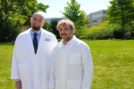 Ramon Barajas, Jr., M.D., left, (bald, white coat and blue shirt) and Domenico Tupone, Ph.D., (white coat and brown hair) were awarded $1,050,000 for their project, “Leveraging hibernation to advance a cure for Glioblastoma.” (OHSU/Christine Torres Hicks)