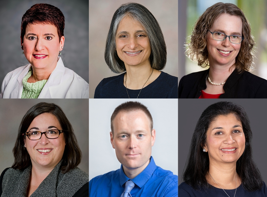 Clockwise from top left: Ella Bowman, M.D., Ph.D., Sima Desai, M.D., Shelly Tworoger, Ph.D., Vijayshree Yadav, M.D., Jeff Tyner, Ph.D., and Erin Maynard, M.D. (OHSU)
