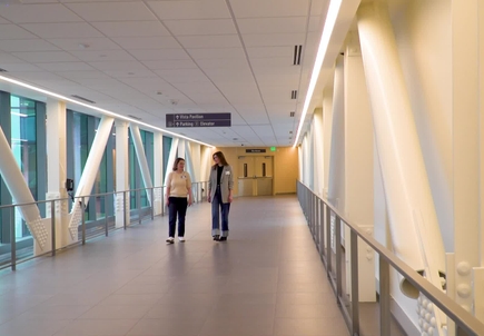 Walking on the skybridge from Vista Pavilion to OHSU Hospital