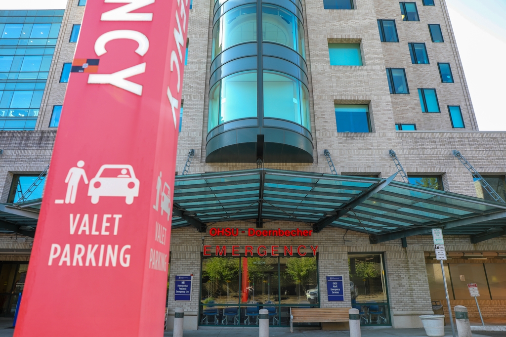 The exterior of the OHSU Emergency Department on a sunny day.