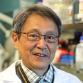 Hiroyuki Nakai, M.D., Ph.D. (OHSU) Nakai has a white lab coat over his clothes, smiling in his lab.