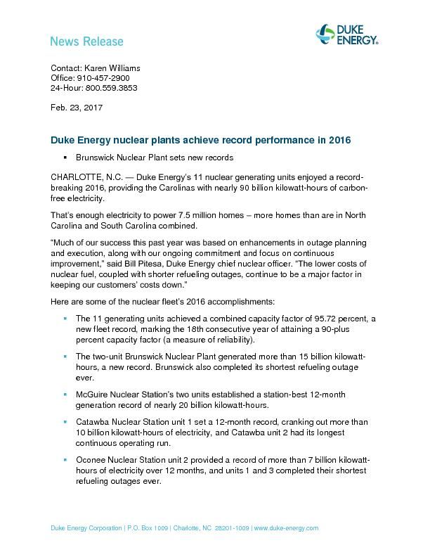 2-23-17 Nuclear Generation Brunswick 2016 Achievements