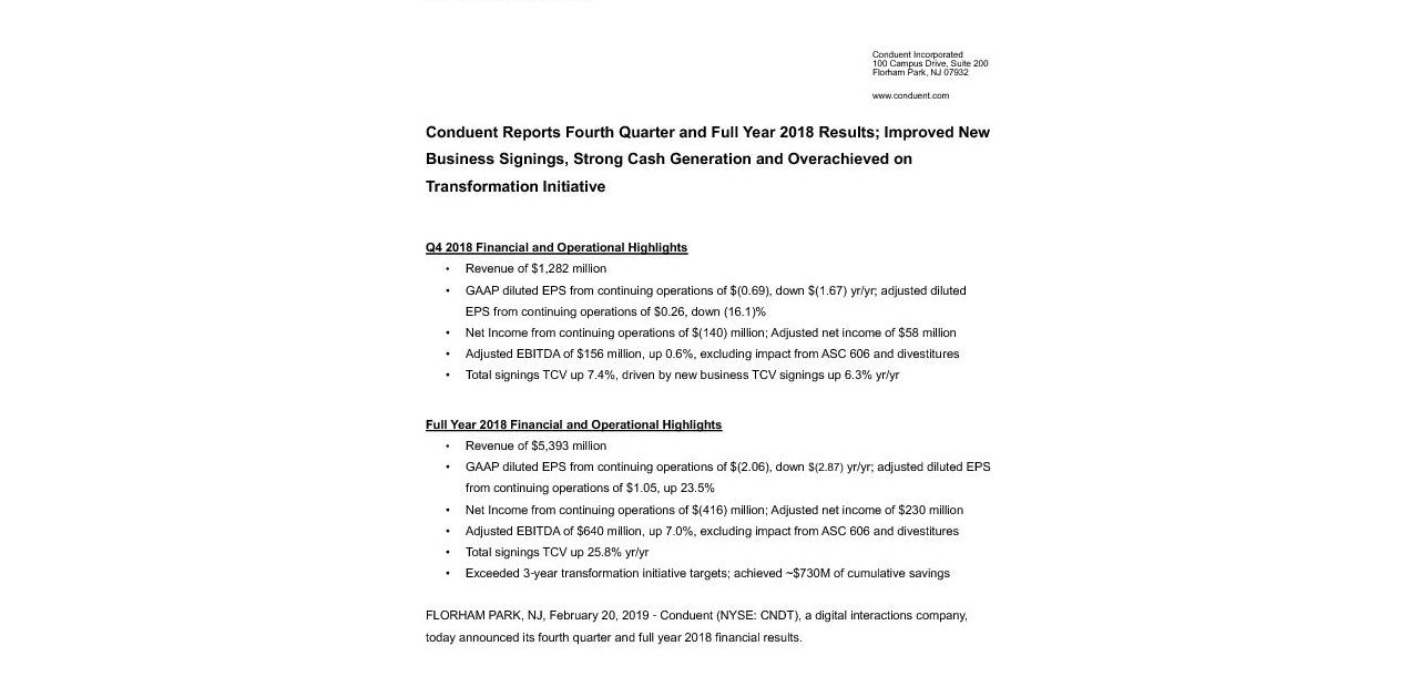 CNDT 4Q18 Press Release