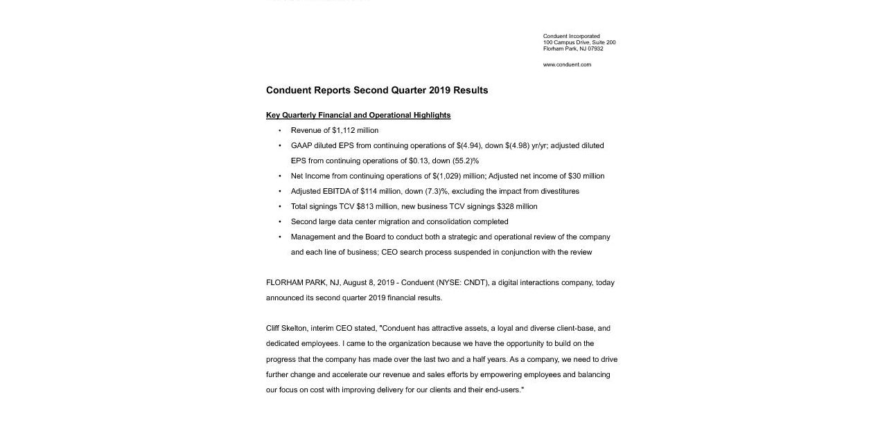 CNDT Q2 2019 Earnings Press Release_FINAL