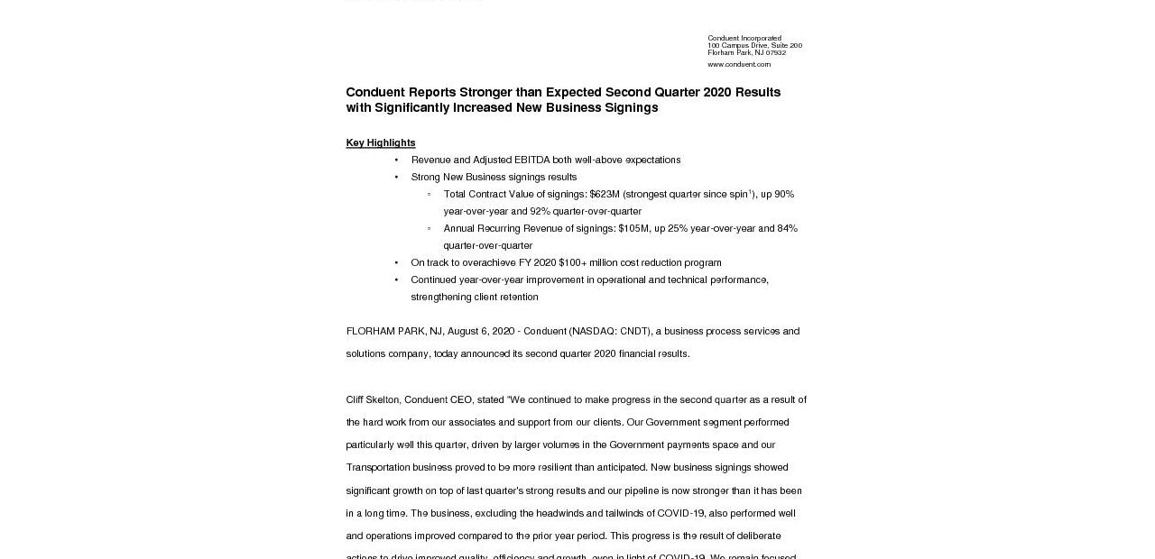 CNDT Q2 2020 Press Release