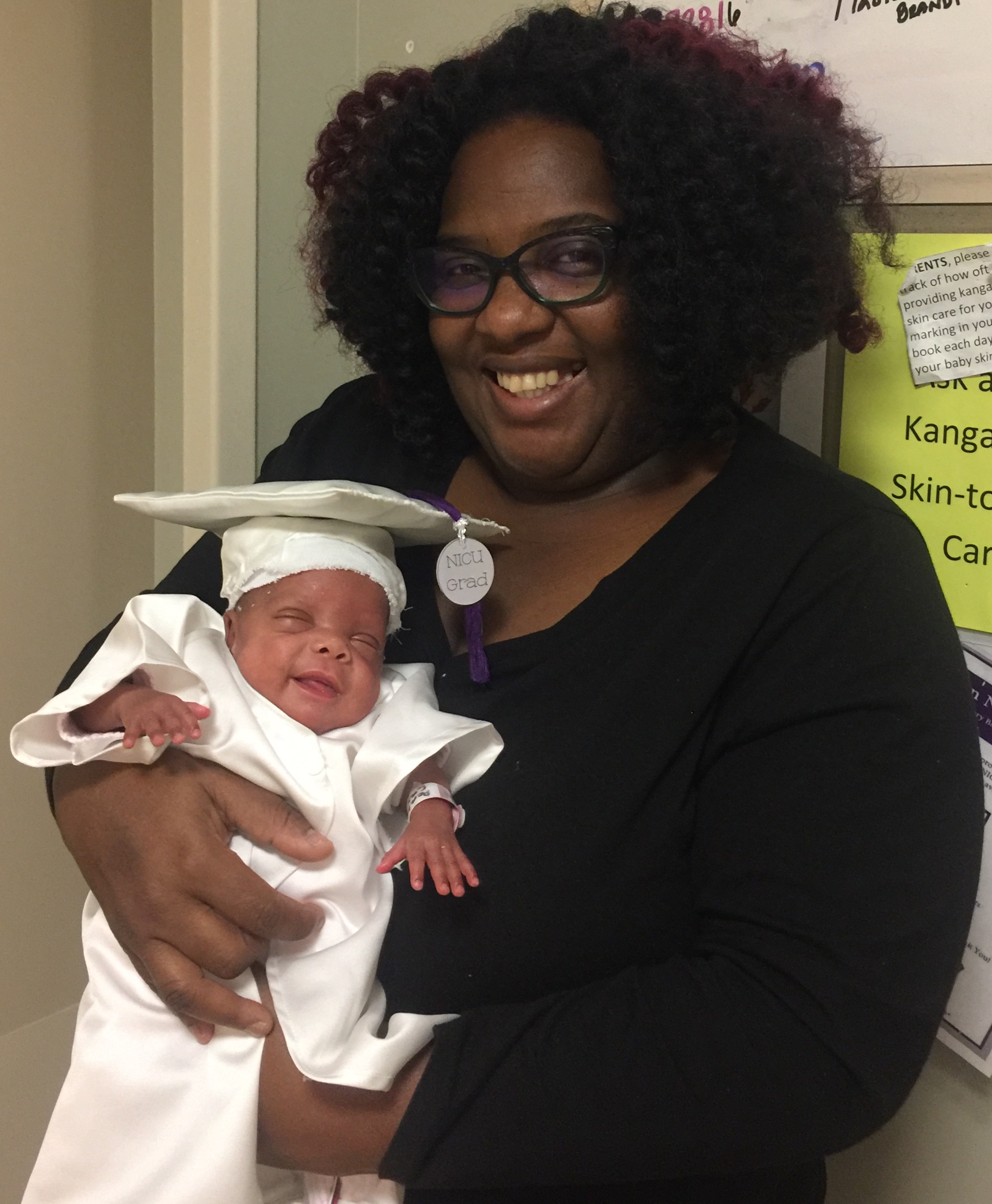 A nurse made Birdies graduation outfit which she wore on her last day in the NICU