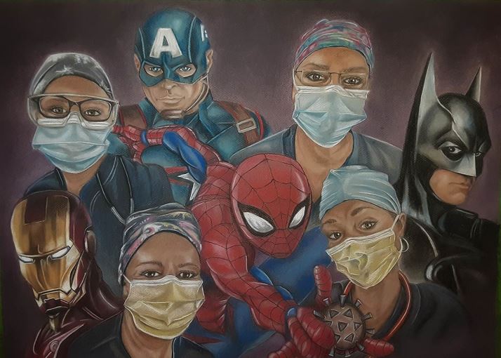 Behounek is in the top left of this painting, "Unsung Heroes," painted by one of her fellow team members, Janine Rosenberg.
