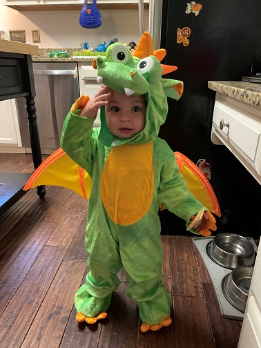 Connor dressed as a dinosaur for Halloween.
