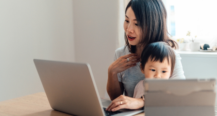 virtual visit online laptop mom and son at home
