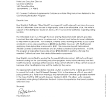 Paul Markovich, Blue Shield of California President and CEO, Letter to Covered California on Instructions for Filing 2018 Rates