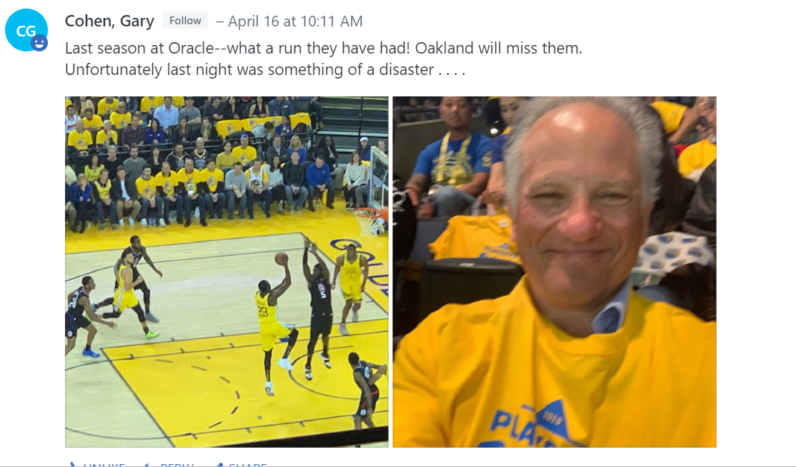 Gary Cohen at Oracle Arena watching Warriors