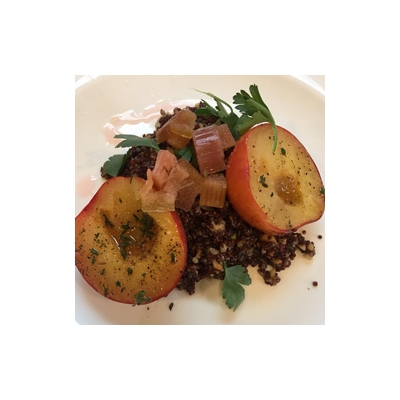 Quinoa salad with green garlic walnut vinaigrette, grilled peaches, and pickled rhubarb