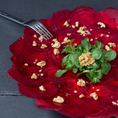 Roasted heirloom beet “carpaccio”, virgin oil, Bolton arugula with garden herbs  yogurt cumin drizzle