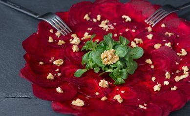 Roasted heirloom beet “carpaccio”, virgin oil, Bolton arugula with garden herbs  yogurt cumin drizzle