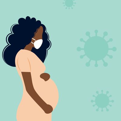 Young beautiful pregnant black woman wearing face mask in front of a coronavirus background