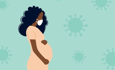 Young beautiful pregnant black woman wearing face mask in front of a coronavirus background