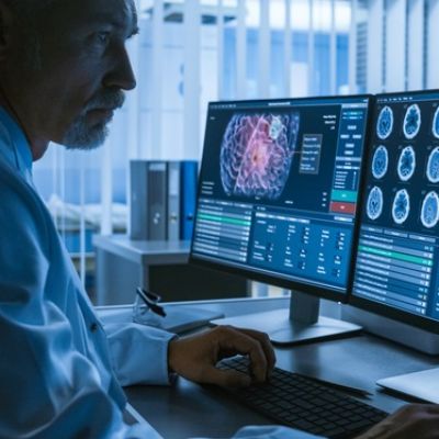 Over the Shoulder Shot of Senior Medical Scientist Working with CT Brain Scan Images on a Personal Computer in Laboratory. Neurologists in Research Center Work on Brain Tumor Cure.