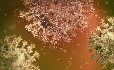 Virus variant, coronavirus, spike protein. Omicron. Covid-19 seen under the microscope