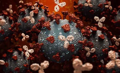 Monoclonal antibodies or immunoglobulin fighting against a group of coronavirus or covid cells 3D rendering illustration. Immunity, immune system, immunotherapy, biomedical, biology, medicine concepts. Accurate scientific render and artist vision.