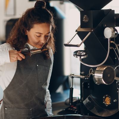 Coffee roaster machine and barista smell with tryer at coffee roasting process