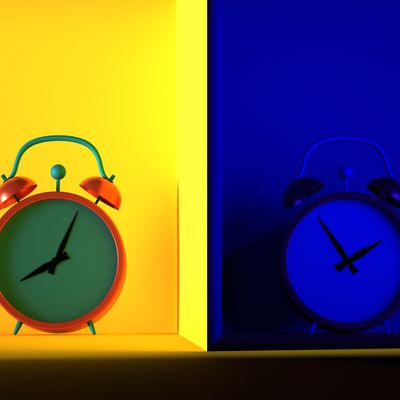 Circadian rhythm concept. alarm clock divided into two parts with day and night. Sleep and activity mode, biorhythms.3D render.