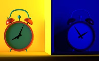 Circadian rhythm concept. alarm clock divided into two parts with day and night. Sleep and activity mode, biorhythms.3D render.