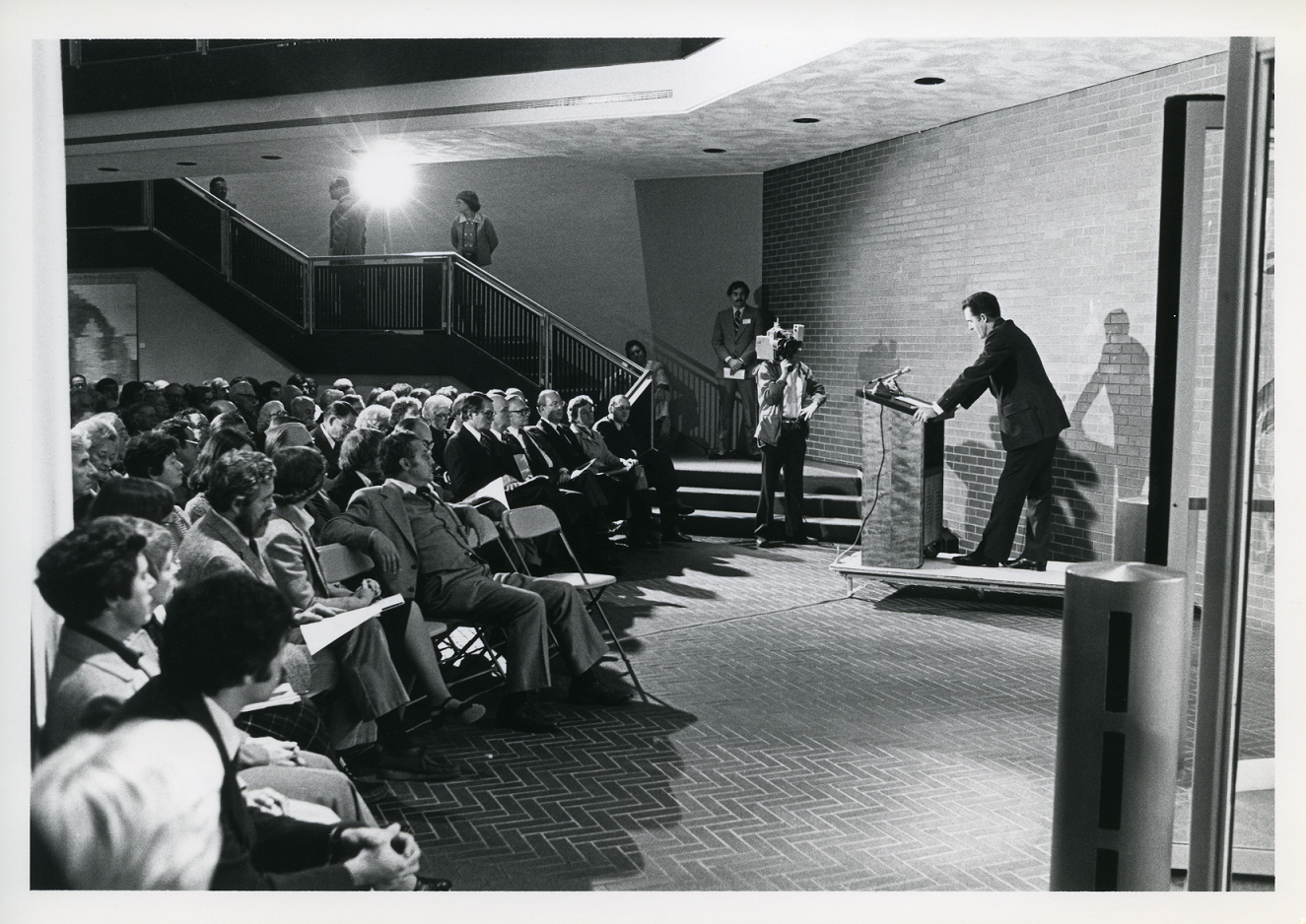 Dr McHugh Elmwood Ave Bldg 1979 Dedication addressing large group