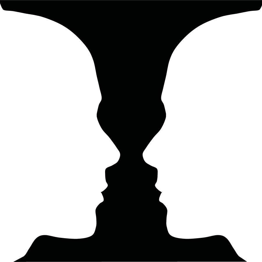 Visual illusion two silluettes in white are facing eachother the negative space between them creates a vase.