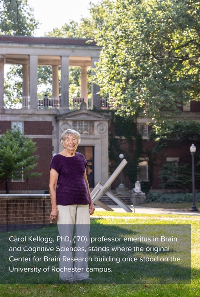 Carol Kellogg, PhD, (’70), professor emeritus in Brain and Cognitive Sciences, stands where the original Center for Brain Research building once stood on the University of Rochester campus.