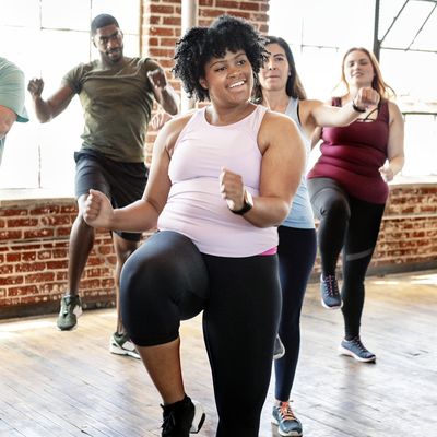 Diverse people in an active dance class