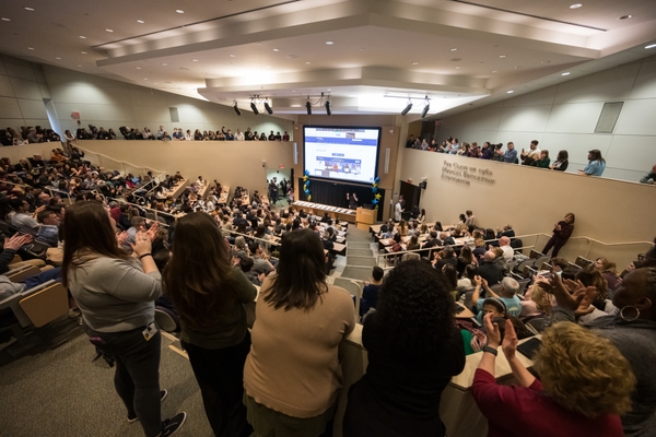 Crowd waits for countdown. / University of Rochester School of Medicine and Dentistry students find out where their residencies will be on Match Day at the URMC March 15, 2024. // photo by J. Adam Fenster / University of Rochester
