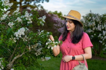 A woman stops to inspect a bush of white lilacs. Purple and white lilac bushes are also seen in the background.