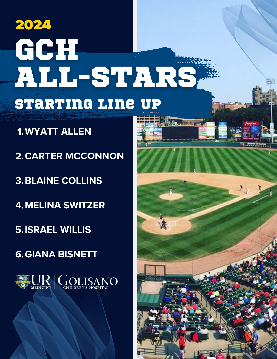 Graphic that says: 2024 GCH All-stars starting line up. Lists each child in the line up.