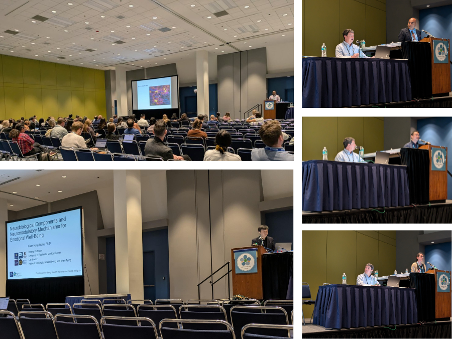 researchers on stage and at podiums presenting work.